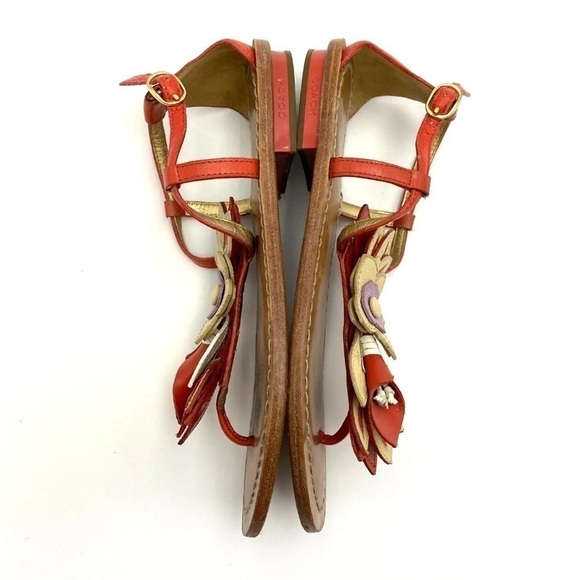 COACH Thong Sandals Sierra A8535 Flowers Orange Leather Sz 5B - Picture 7 of 8
